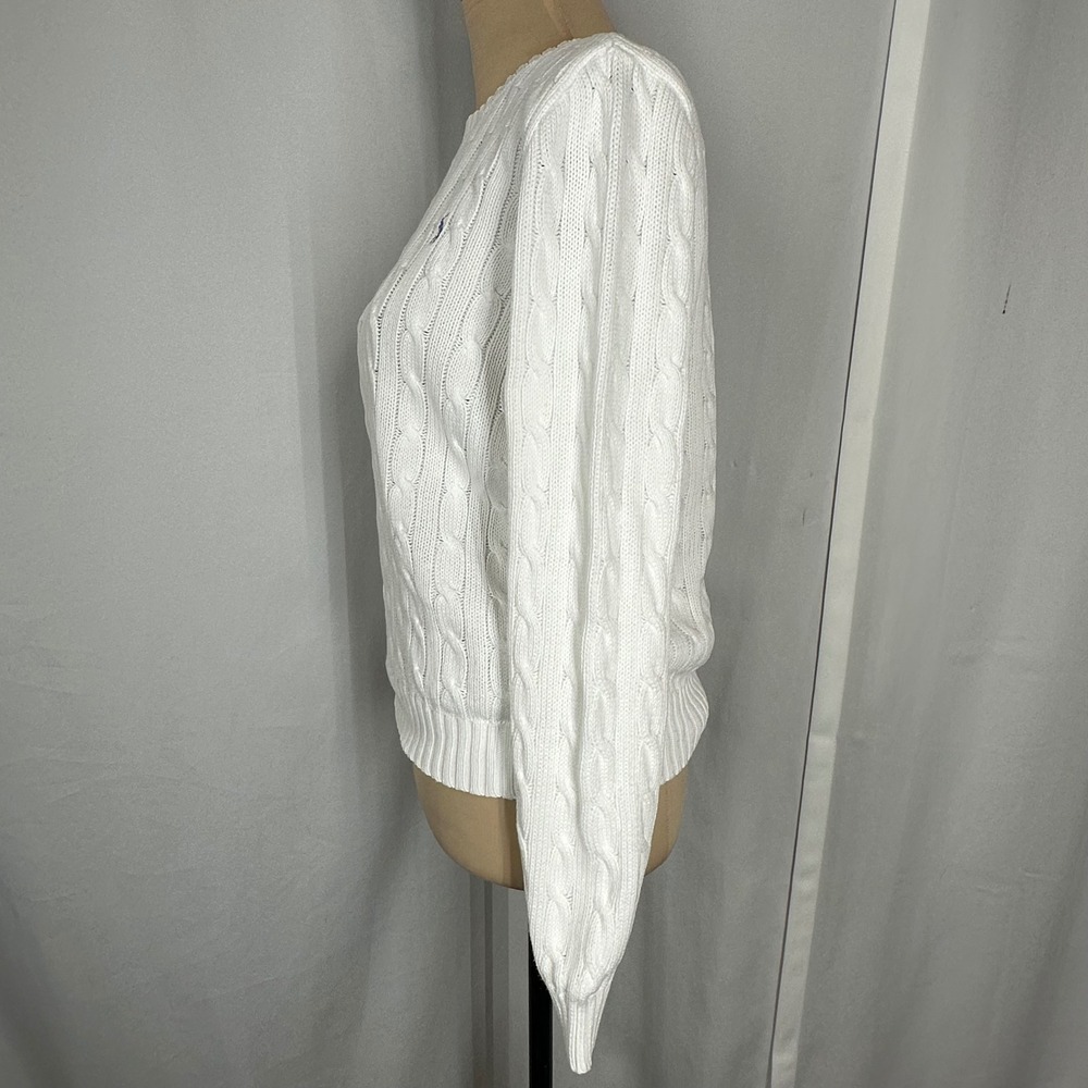 Ralph Lauren White Cable Knit Crewneck Sweater with Blue Pony - Picture 4 of 12